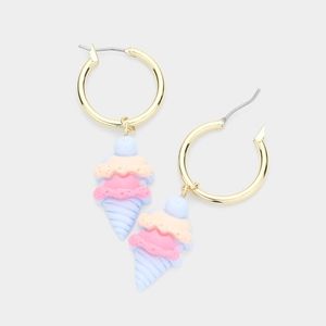 Blue Ice Cream Cone Gold Fun Dangle Earrings Cute
